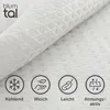 A close-up of a white textured fabric, likely a blanket or textile, with four circular icons and text below them indicating product features. Náhľad obrázku produktu