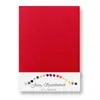 A red fitted sheet is shown flat against a white background. Below the sheet is a white band with a rainbow of small colored circles, and text. Produktbild-Vorschau