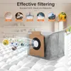 A vacuum cleaner dust bag is shown with animated particles representing dust and bacteria being filtered. Produktbild-Vorschau