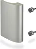 A silver-colored door handle and two screws on a white background. Produktbild-Vorschau