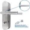 A stainless steel door handle set with a close-up detail and a separate image of a WC lock mechanism. Produktbild-Vorschau
