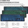 Three keyboards stacked on top of each other, each with a different colored backlight (cyan, green, blue). Below the keyboards are icons illustrating how to change brightness and lighting modes. Produktbild-Vorschau