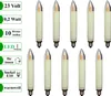 A set of 10 LED filament candle bulbs arranged in two rows against a white background, with descriptive text labels on the left side. Produktbild-Vorschau