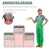 A gardener watering raised garden beds, with text highlighting product benefits. Produktbild-Vorschau