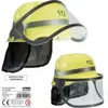 Two yellow toy firefighter helmets with clear visors and black neck covers are shown against a white background. A label with product information is visible in the lower left corner. Náhled obrázku produktu
