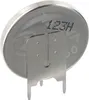 A close-up, angled view of a silver coin-cell battery with metal prongs for mounting. Produktbild-Vorschau