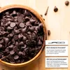 A close-up of chocolate chips in a wooden bowl, with text overlays providing product information in English and German. Podgląd zdjęcia produktu