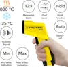 A hand holding a yellow and black infrared thermometer with various feature icons and text surrounding it. Produktbild-Vorschau