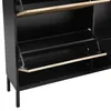 Close-up view of the interior of a black shoe cabinet with three flip-down compartments and an open shelf. Podgląd zdjęcia produktu