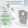 Diagram showing the 4-layer filtration system of a vacuum cleaner bag, with a close-up of the bag itself. Produktbild-Vorschau