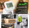 A collage of images showing an energy meter plugged into an outlet, along with lifestyle shots of decorated rooms and a kitchen. Podgląd zdjęcia produktu