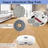 A white robot vacuum cleaner with mop pads on a wooden floor, surrounded by close-up images and text highlighting product features. Produktbild-Vorschau