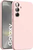 A pink phone case is shown on a light gray background with the word 'Galaxy' visible on the phone screen. Produktbild-Vorschau