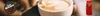 A close-up of a latte with latte art, next to a bag of coffee beans and a logo. Produktbild-Vorschau