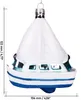 A glass Christmas ornament shaped like a white sailboat with blue stripes on its hull. Voir les images du produit