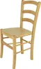 A light-colored wooden chair with a slatted backrest and a solid seat, presented against a white background.