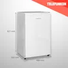 A white Telefunken refrigerator with dimensions indicated by measurement lines and text. Produktbild-Vorschau