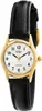 A close-up studio shot of a women's Casio watch with a gold-tone case, white dial, black leather strap, and gold-tone hands and hour markers. Produktbild-Vorschau