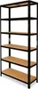 A black metal shelving unit with wooden shelves, shown against a white background. Podgląd zdjęcia produktu