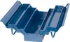 An open blue metal toolbox with multiple compartments. Produktbild-Vorschau