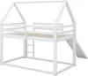 A white wooden bunk bed with a house-shaped frame, a ladder, and a slide, shown against a white background. Produktbild-Vorschau