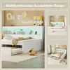 A bedroom scene showcasing a white daybed with a pull-out trundle, featuring LED lighting and storage compartments. The image is divided into sections to highlight different aspects and features of the bed. Náhled obrázku produktu