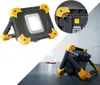 Collage of a portable LED work light in different angles and a close-up of its controls. Produktbild-Vorschau