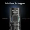 A close-up of a Nitecore MH12 Pro flashlight with text overlays highlighting its features. Produktbild-Vorschau
