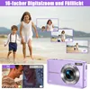A digital camera is shown alongside marketing images demonstrating its zoom capabilities and a split screen showing different lighting modes. Children are depicted in the marketing images on a beach. Produktbild-Vorschau
