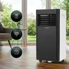 A portable air conditioner is shown in a living room setting, with icons highlighting its features. Produktbild-Vorschau