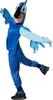 A child wearing a blue macaw costume, posing with arms outstretched. Produktbild-Vorschau