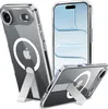 Multiple views of a clear iPhone case with a built-in kickstand and MagSafe compatibility. Produktbild-Vorschau