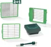 A collection of kitchen chopping attachments and a cleaning brush, arranged on a white background. Produktbild-Vorschau