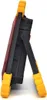Side view of a red and black warning triangle with yellow feet, on a white background. Voir les images du produit