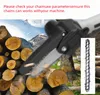 A chainsaw chain is shown in the foreground, with a pile of logs and a mountainous landscape in the background. Produktbild-Vorschau