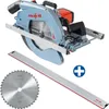 A MAFELL MKS 130 Ec circular saw with a guide rail and a spare saw blade, presented on a white background. Produktbild-Vorschau