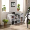 A shoe bench with storage compartments and a drawer in a bright room with windows and plants. Produktbild-Vorschau
