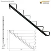 A black metal staircase with dimensions shown in a technical drawing and a 3D view. Náhled obrázku produktu