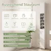 An illustration demonstrating a tall, narrow white bathroom cabinet with various storage compartments, accompanied by icons and text highlighting its features and storage capabilities. Produktbild-Vorschau