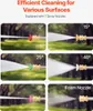 A collage of images showing different spray nozzles for a pressure washer, demonstrating various spray patterns and angles. Produktbild-Vorschau