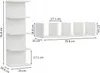 Two views of a white shelf unit, one vertical and one horizontal, with dimensions indicated. Náhľad obrázku produktu