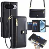 A collage of images showing a black leather wallet-style phone case with a crossbody strap and zipper pocket, as well as internal card slots and a phone holder. Produktbild-Vorschau