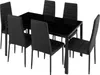 A black glass-top dining table with six black chairs. Náhled obrázku produktu