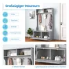 A collage of images showcasing a gray entryway storage unit with various compartments and hooks, along with text and icons highlighting its storage capabilities. Náhled obrázku produktu