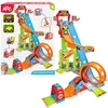 A product shot of a toy race track with cars, presented on a white background, with additional inset images and text. Voir les images du produit