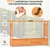 A wooden raised garden bed with a trellis structure, set against a blurred forest background. The image includes informational icons and text highlighting product features. Anteprima dell’immagine prodotto
