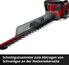 A close-up view of a red and black hedge trimmer with a gray cutting attachment, set against a white background. Text is visible on the cutting attachment and at the bottom of the image. Produktbild-Vorschau