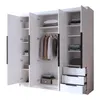 An open four-door wardrobe with shelves, hanging clothes, and drawers. Produktbild-Vorschau