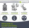 A marketing image showcasing three ergonomic office chairs with feature callouts and descriptive text. Podgląd zdjęcia produktu
