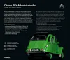 A rear view of a green Citroën 2CV model car with text descriptions of the product in German and English. Produktbild-Vorschau